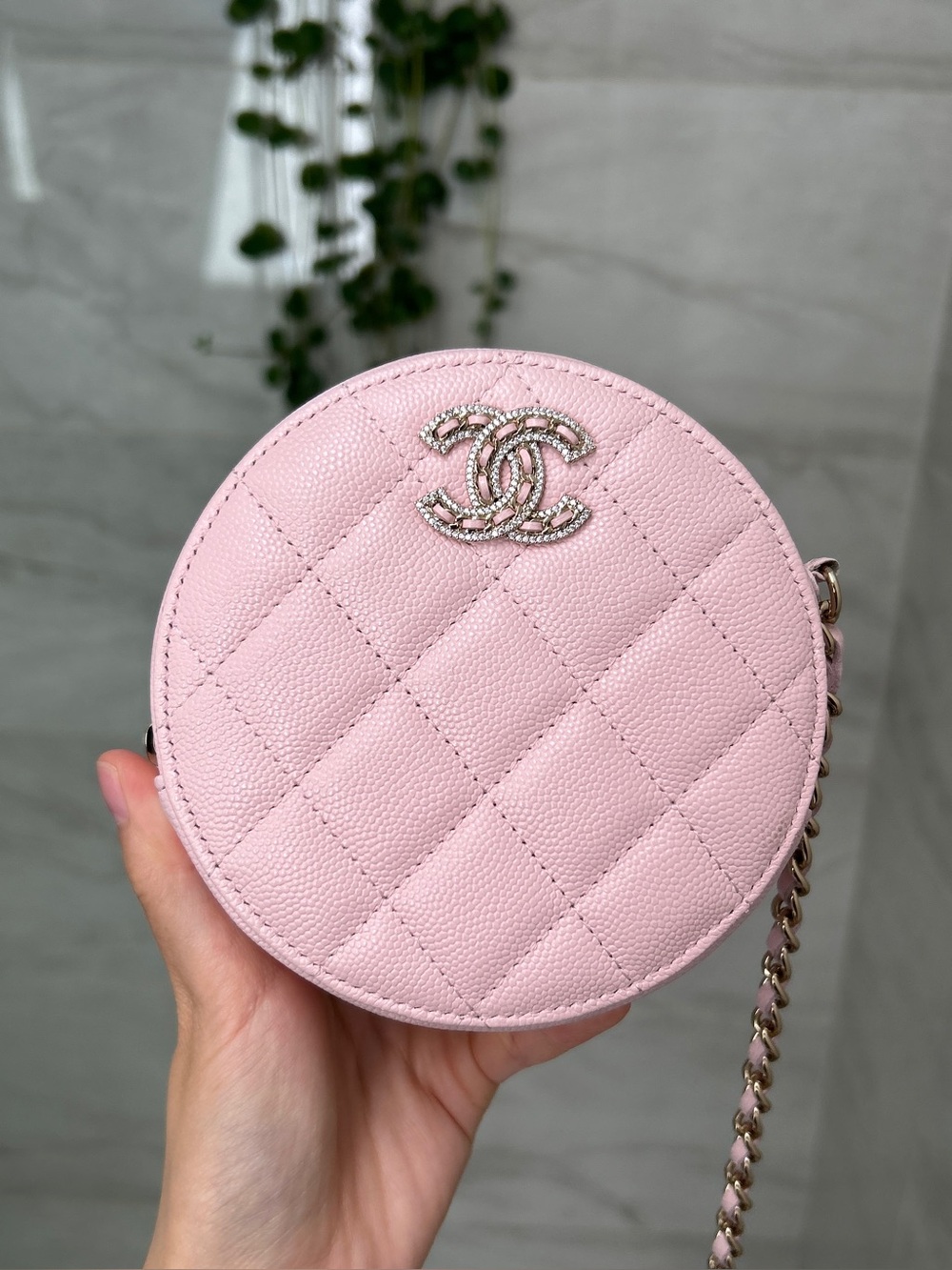 CHANEL Light Pink Quilted Round Clutch with chain